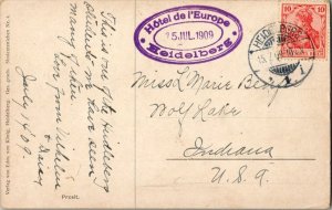 Germany 10pf Germania 1909 Heidelberg PPC to Wolf Lake, Ind. with oval privat...