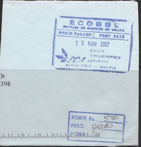 Bolivia Aerogramme cut corner. ECOBOL. 2007