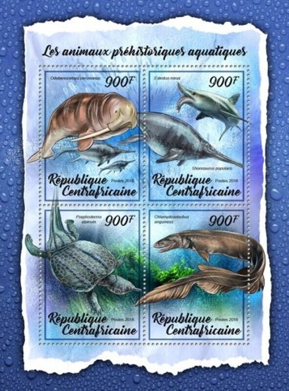 Central Africa - 2017 Prehistoric Water Animals 4 Stamp Sheet CA18009a