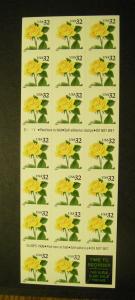 Scott 3049a, 32c Yellow Rose, Pane of 20, #S1111, Gift of Life back, MNH Beauty