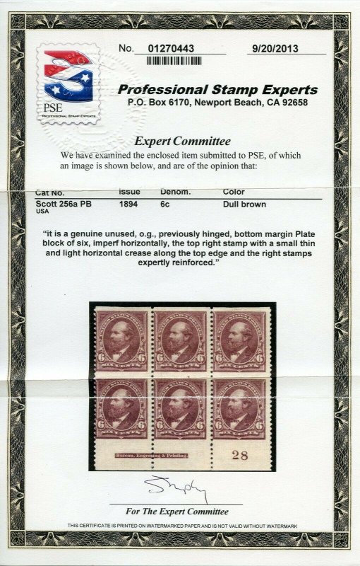 US SCOTT #256a Plate # Block of 6 W/ Vert Pair Imperf Horiz. PSE (DFP 4/22/20)