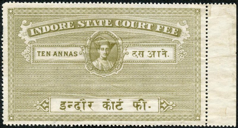 Indore State Court Fee 10 annas Un-used (no gum) wrinkle 