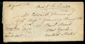 ?1844 PAID TO THE LINES PAID 7 to New York, 2/6? stampless folded letter Canada