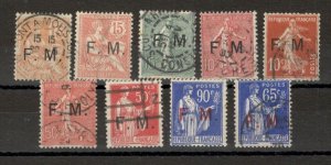 FRANCE - 9 USED MILITARY, FELDPOST STAMPS - OVERPRINT F. M.