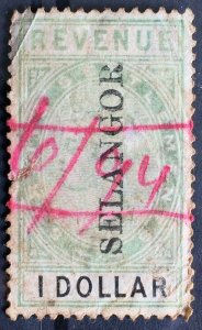 Malaya Selangor opt Straits Settlements QV Revenue $1 Used ISC#SR25 with faults