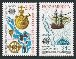 France 2287-2288,MNH.Michel 2899-2900. EUROPE CEPT-1992,Columbus-500.Ship,Map.