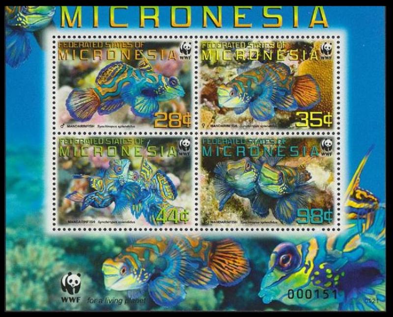 Micronesia WWF Mandarinfish 4v in block 2*2 with WWF Logo SC#848a-d MI#2052-2055