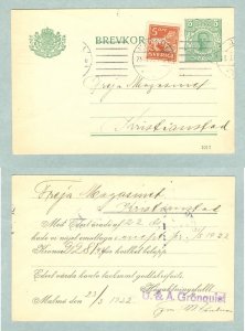 Sweden. Stationery Commercial Card. 1922. 5 Ore King + 5 Ore Lion Uprated