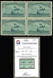 #232 MINT VF++ OG NH GEM 3¢ COLUMBIAN BLK/4 W/ PSE CERT CV $540+ BT1483