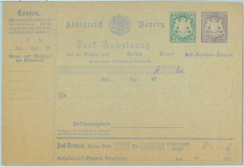 83541 - GERMANY Bayern - Postal History - STATIONERY  CARD: Money Order 1870's