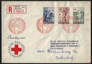 FINLAND 1955 REGISTERED HEISINKI FINISH RED CROSS SET ON FDC TO GERMANY