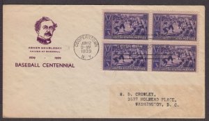 1939 Baseball Centennial Sc 855-46a Jesse Holland cachet block of 4