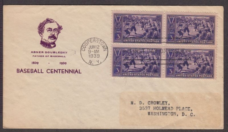 1939 Baseball Centennial Sc 855-46a Jesse Holland cachet block of 4