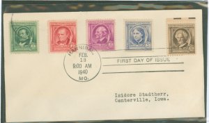 US 859-863 1940 10c Samuel Clemens with a first day cancel on an uncacheted addressed FDC with four other stamps from the author