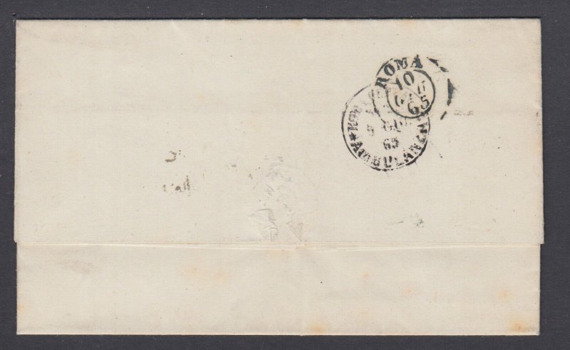 Roman States Sc 3 used on 1865 SFL ANAGNI to ROME, ROMA-GENOA railroad cancel