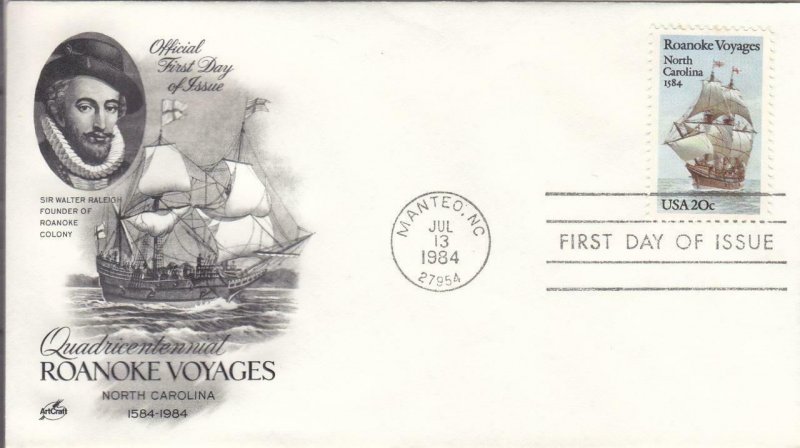 1984, 400th Anniv. Roanoke Voyages, Artcraft, FDC (D14897)