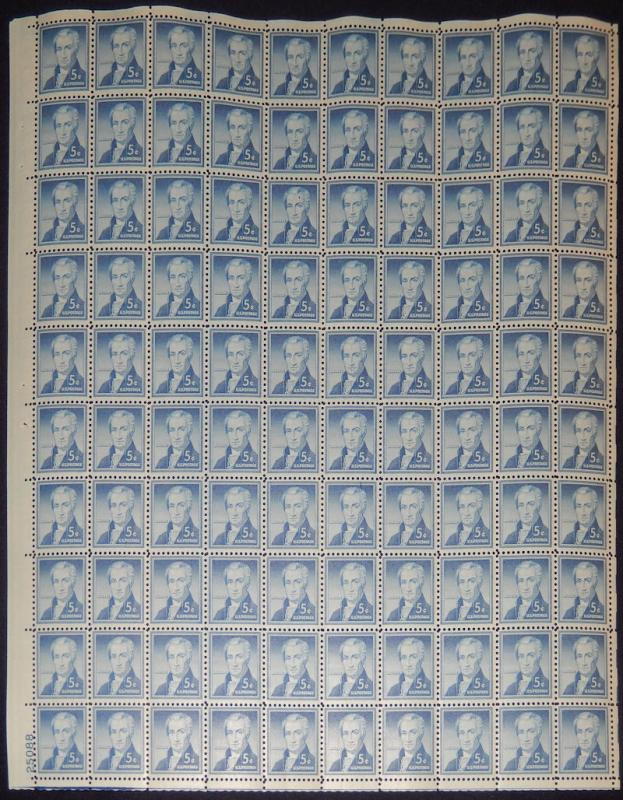 MALACK 1038 5c James Monroe, Full Sheet, F-VF OG NH ..MORE.. sheet1038