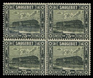 Saar #112 (Mi. 101) Cat€350, 1922-23 75c black and straw, block of four, ne...