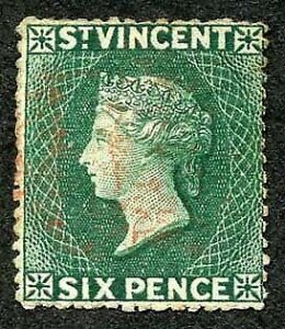 St Vincent SG19 6d Dull Blue-green Wmk Star S/ways Cat 50 pounds (rust spots)