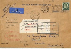 GB INDONESIA AIR Admiralty Official WILDING Cover Forwarded *Pladju* 1961 AO89