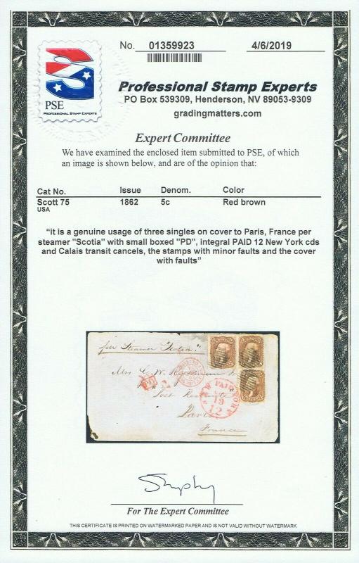 SCOTT #75 (3) TIED TO OVER PAID RATE COVER STEAMER SCOTIA TO FRANCE PSE CERT