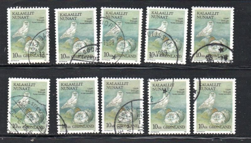 Greenland Sc 188 1987 10 kr bird stamp 10 nice used copies