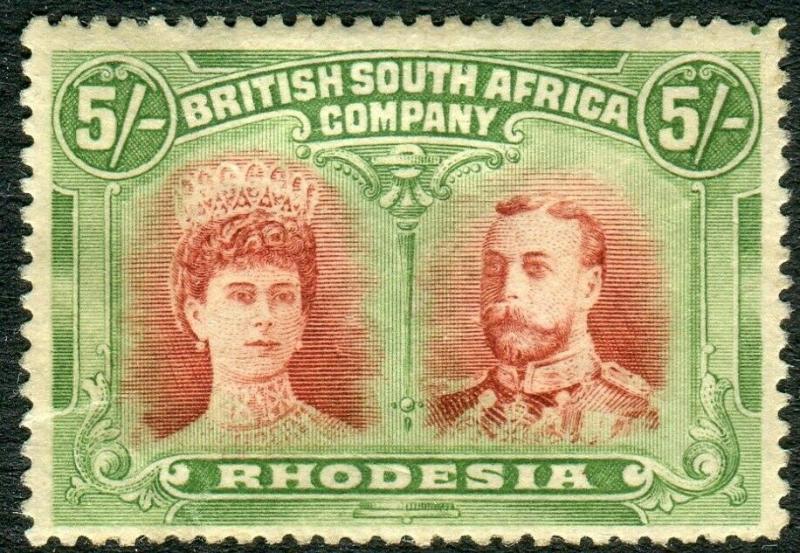 RHODESIA-1910-13 5/- Vermilion & Deep Green lightly mounted mint example Sg 159 