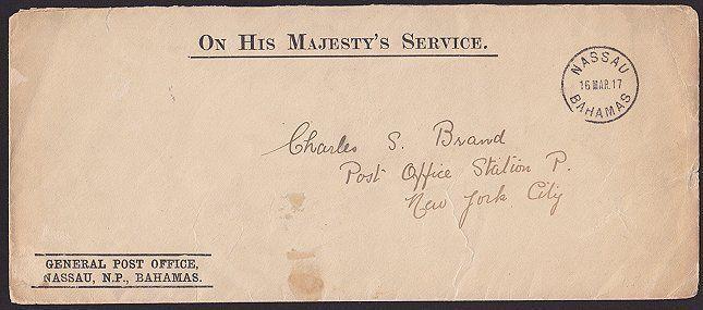 BAHAMAS 1917 OHMS cover Nassau to USA......................................S1927