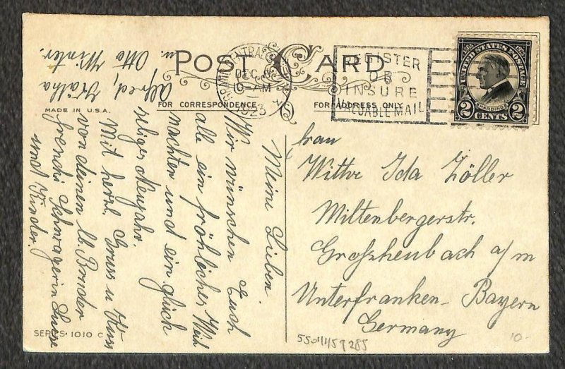 USA Scott 610 Harding Stamp New York to Germany Christmas Postcard