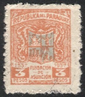 PARAGUAY 1937 Sc 343 Used 3 pesos