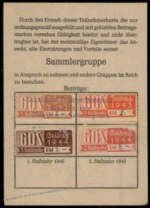 Germany 1943-4 Collectors Society GDS Stamps Membership Revenue Card 77196