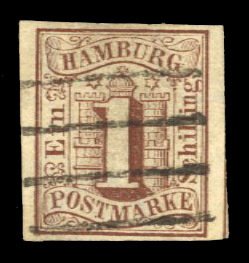 German States, Hamburg #2 Cat$95, 1859 1s brown, used, signed Bloch