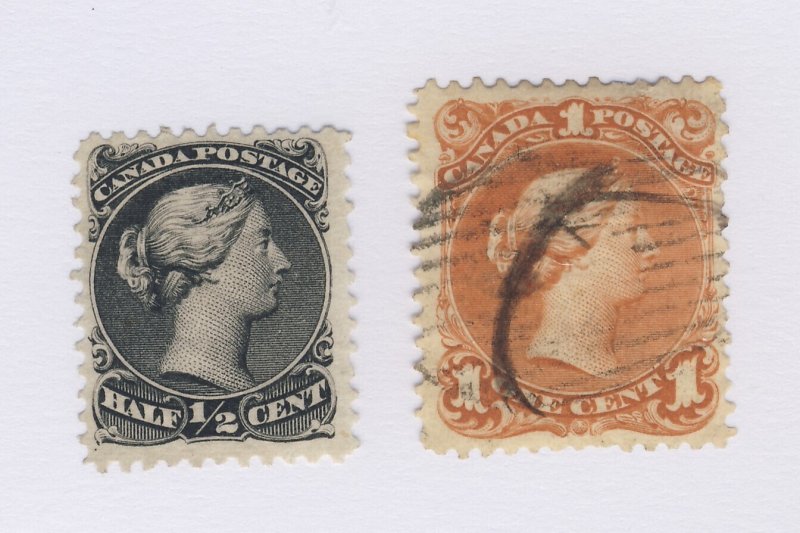 Canada Large Queen Stamps #21 - 1/2c F/VF MNG, #22-1c FINE Used  GV= $150.00
