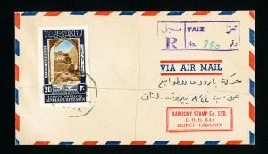 Yemen Stamps Registered Cover from Taiz to Beirut Lebanon