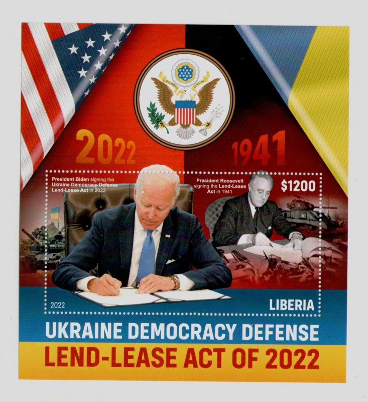 2022 war in Ukraine Liberia stamp block Lend-Lease: Biden and Roosevelt, MNH