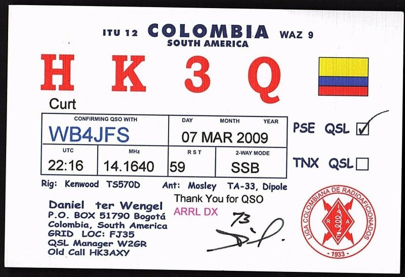 QSL QSO RADIO CARD HK3Q,Daniel Ter Wengel,Flag/Colombia,South America (Q2848)