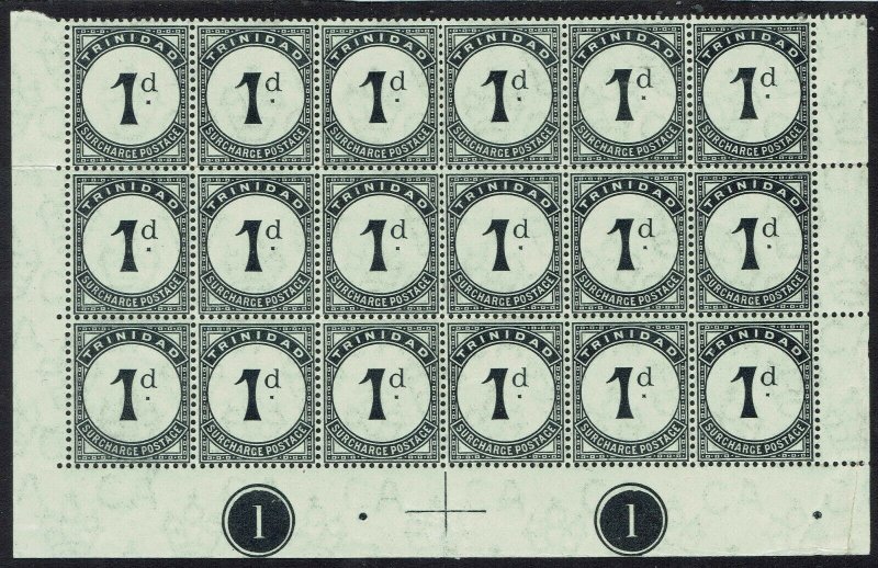 TRINIDAD 1905 POSTAGE DUE 1D STAMPS MNH ** PLATE 1 BLOCK WMK MULTI CROWN CA 