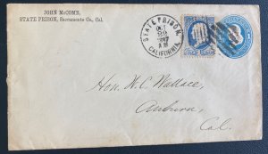 1887 State Prison Sacramento CA USA Postal Stationery Cover To Auburn