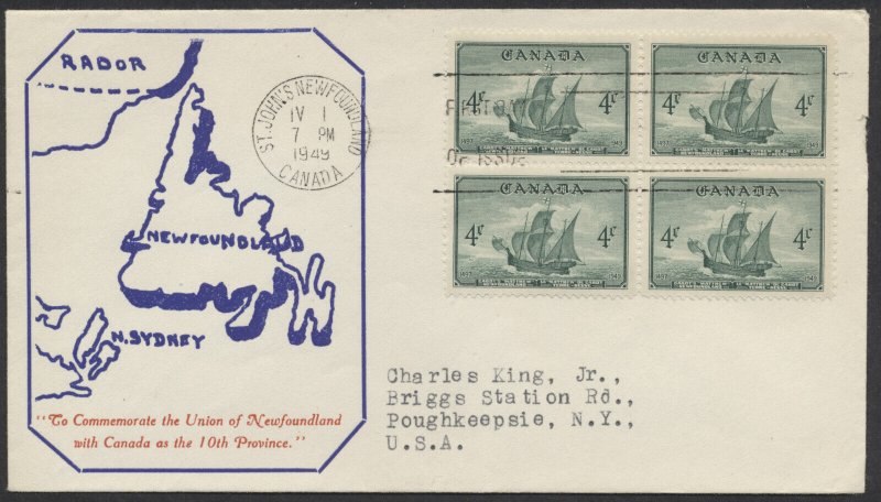 1949 #282 Newfoundland FDC Block Blue Map Cachet St John's