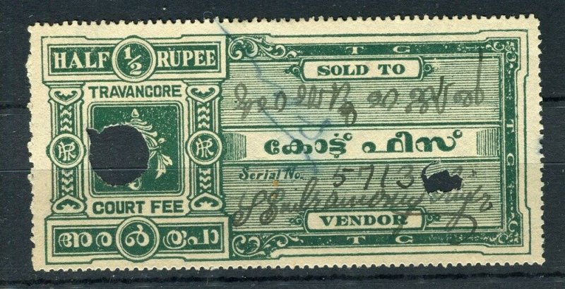 INDIA; TRAVANCORE Early 1900s fine used Revenue issue 1/2R. value