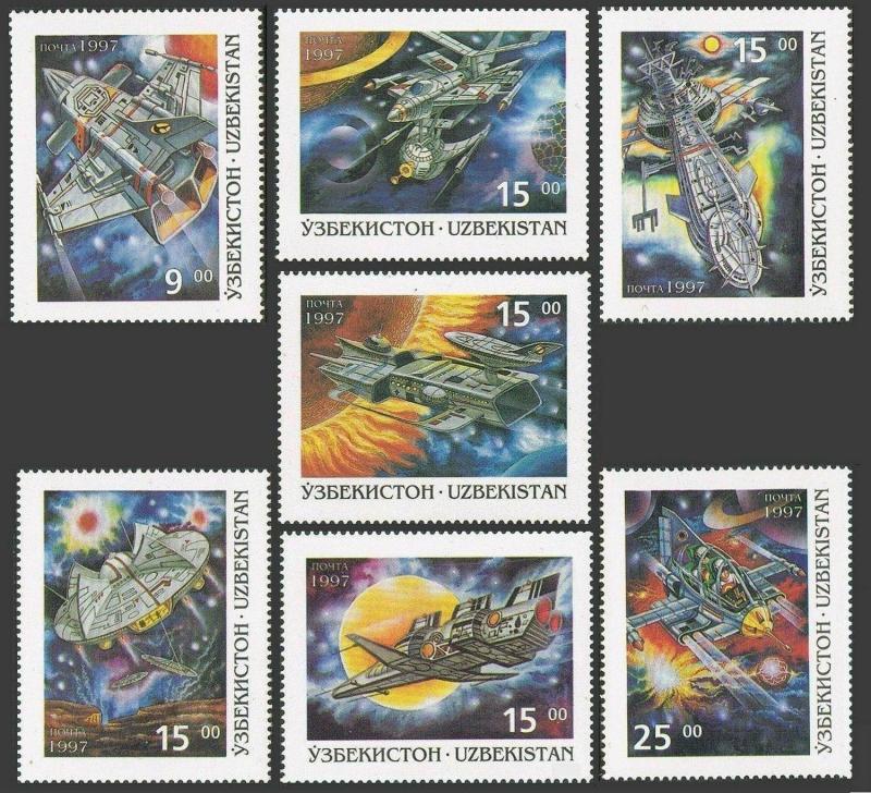 Uzbekistan 124-130,131,MNH. Futuristic Space Travel,1997. Shuttle-type vehicles.