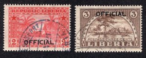 Liberia 1921 2c & 3c Officials, Scott O113-O114 CTO, value = 50c