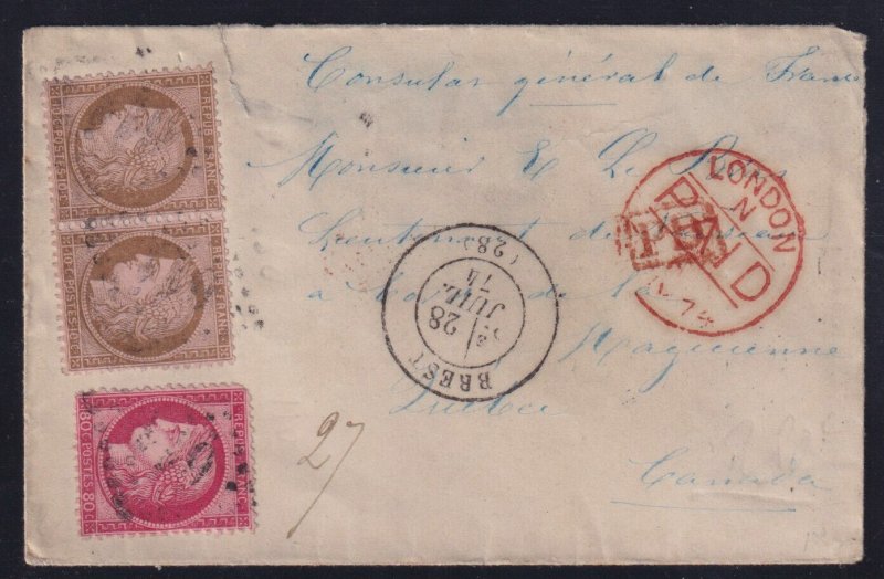 France 1874 10c Ceres Pair +80c rose Cover Brest to Consul Quebec Canada via UK