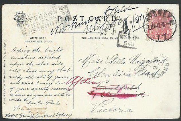 NEW SOUTH WALES 1907 postcard NOT KNOWN BY LETTER CARRIERS ELSTERNWICK.....59967