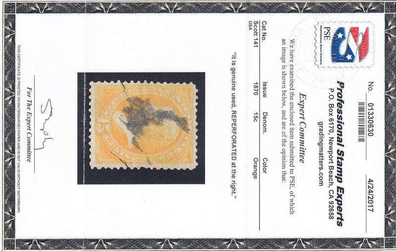141 F-VF used neat cancel PSE cert. rich color cv $ 1500 ! see pic !