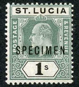 St Lucia SG62s KEVII 1/- Green and Black wmk Crown CA Opt SPECIMEN M/M