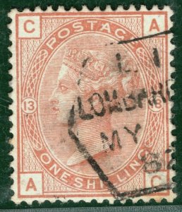 GB QV Stamp SG.163 1s Orange-Brown Plate 13 Used 1882 Hex/CDS Cat £170+ PRED89