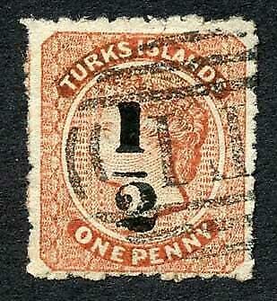 Turks and Caicos SG17 1/2d (type 9) on 1d dull red Cat 150 pounds