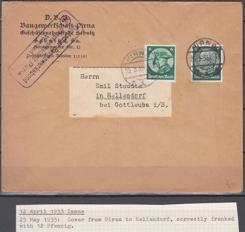 Germany - 25.5.1933 6pf Friedrich the Great on cover Pirna - Hellendorf (2049)