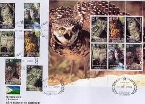 Djibouti 2004 OWLS-BIRDS Set (6) + 1 Sheetlet Perforated  F.D.C.